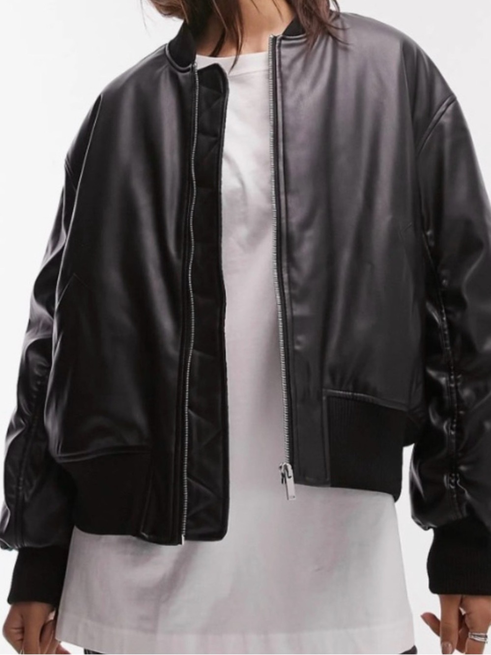 Topshop faux leather cropped bomber jacket in black size 6 (oversized fit)